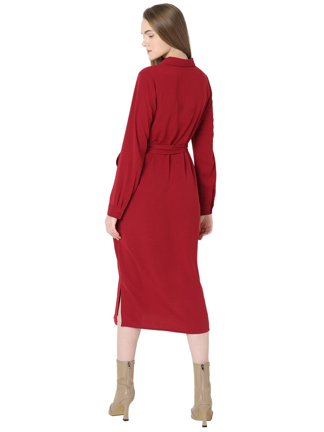VERO MODA Women Solid Red Polyester Midi Length Shirt Dress