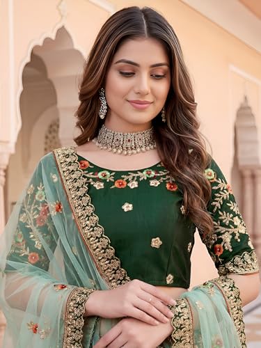 Zeel Clothing Women's Zari, Dori, and Thread Embroidered Work Satin Silk Lehenga Choli With Dupatta (7211-Green-Women-Lehenga-Choli-Latest; Free size)