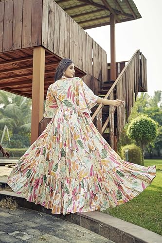 Samprag Rayon Gown for Women | Full Length | Printed | Fit & Flare | Flared & Bell Sleeves | Round Neck | Ethenic Dress | Ideal for Casual, Wedding & Party | Off-White & Sky Blue | S