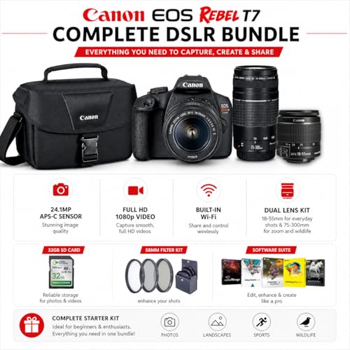 Canon EOS Rebel T7 DSLR Camera with 2 Lens EF-S 18-55mm + EF 75-300mm Lens, Bundle with 32GB Card, Filter Kit, PC Software Package, 1-Year Limited Warranty