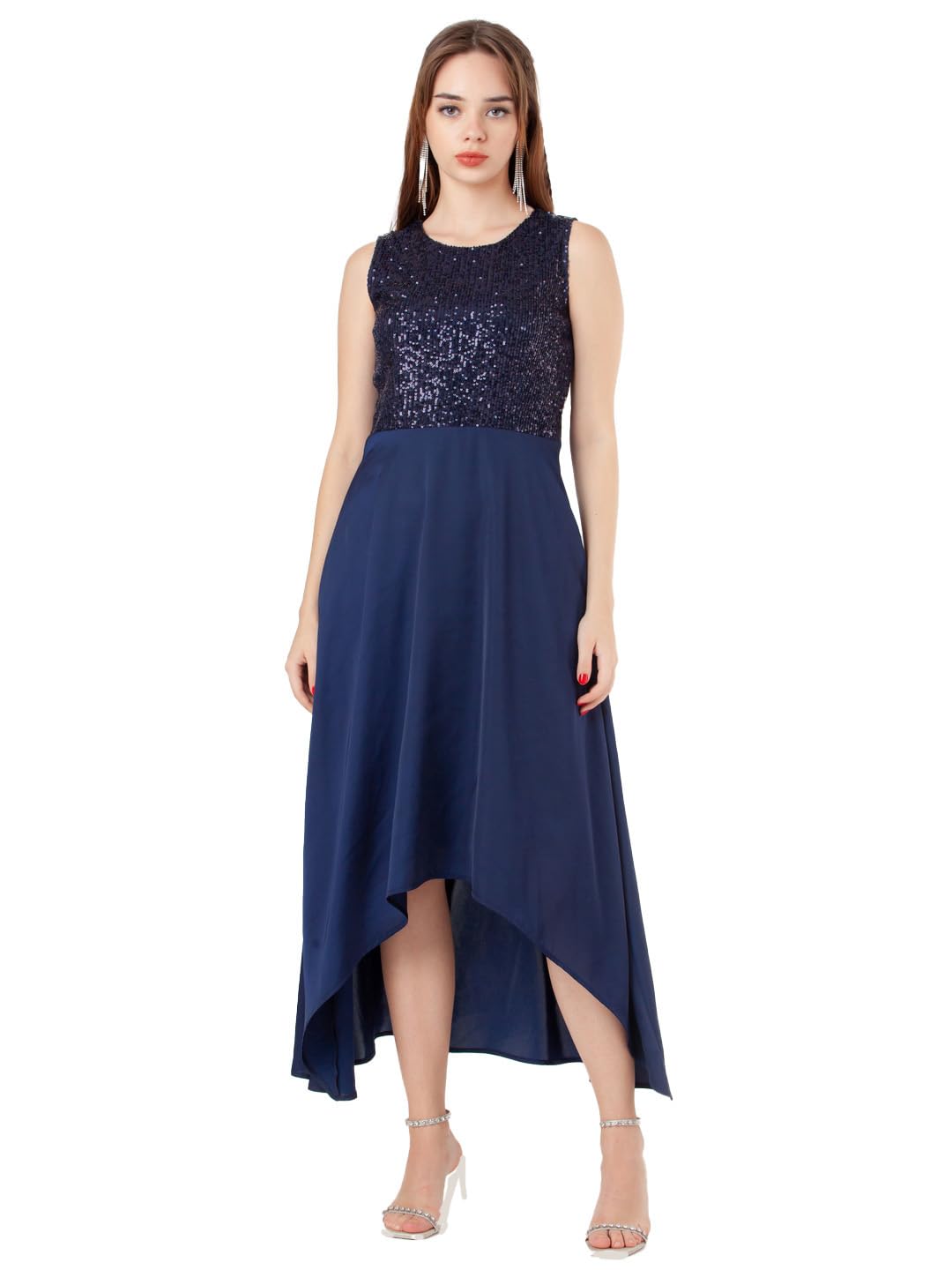 Zink London Women's Navy Blue Embellished Flared Maxi Dress