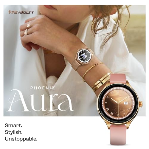 Fire-Boltt Phoenix Aura Women Smart Watch with 1.26” Diamond-Cut HD Display, Rotating Crown, Wireless Charging, Bluetooth Calling, Voice Assistant, 120+ Sports Modes - Rose Quartz
