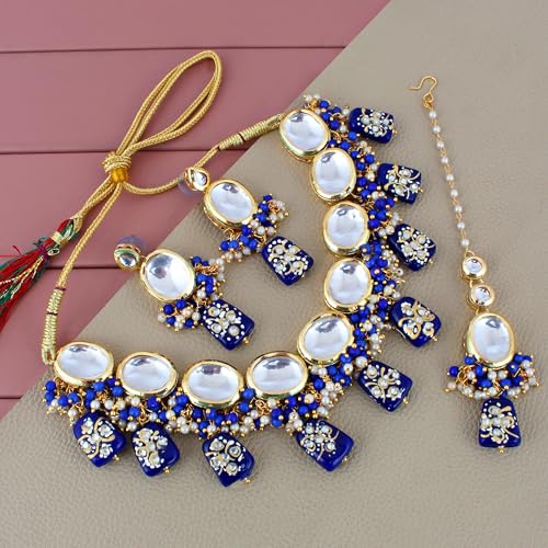 Lucky Jewellery 18K Gold-Plated Back Meenakari Kundan Necklace | Elegant Blue Color Necklace Set for Women & Girls (1110-J5SK-1633-B)
