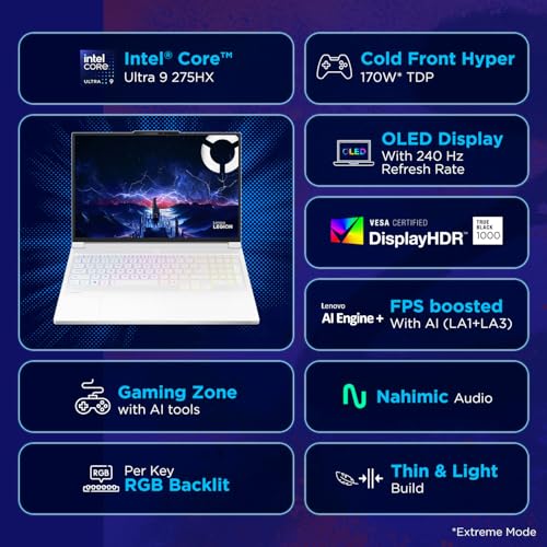 Lenovo Legion 7 2025 Intel Core Ultra 9 275HX | NVIDIA RTX 5060 8GB (32GB RAM/1TB SSD/WQXGA OLED/240Hz/16 (40.6cm)/Windows 11/Office 2024+AI Now/White/2 Kg), 83KY001FIN AI Powered Gaming Laptop