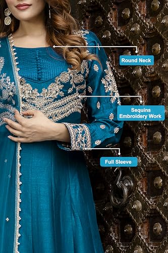 TRENDMALLS Women's Art Silk Embroidery Work Anarkali Kurta Pant with Net Dupatta Set For Women (G333-Morpeach-3XL)