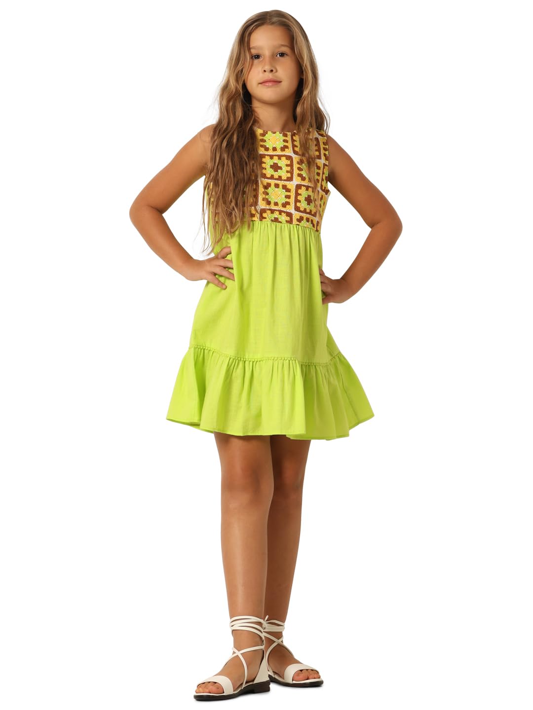 VERO MODA Girls Self Design Cotton Green Above Knee Length A-Line Dress