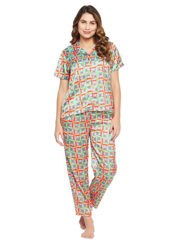 Clovia Women's Crepe Print Me Pretty Button Down Shirt & Pyjama Set in Multicolor (LS0385N19_Multi_M)
