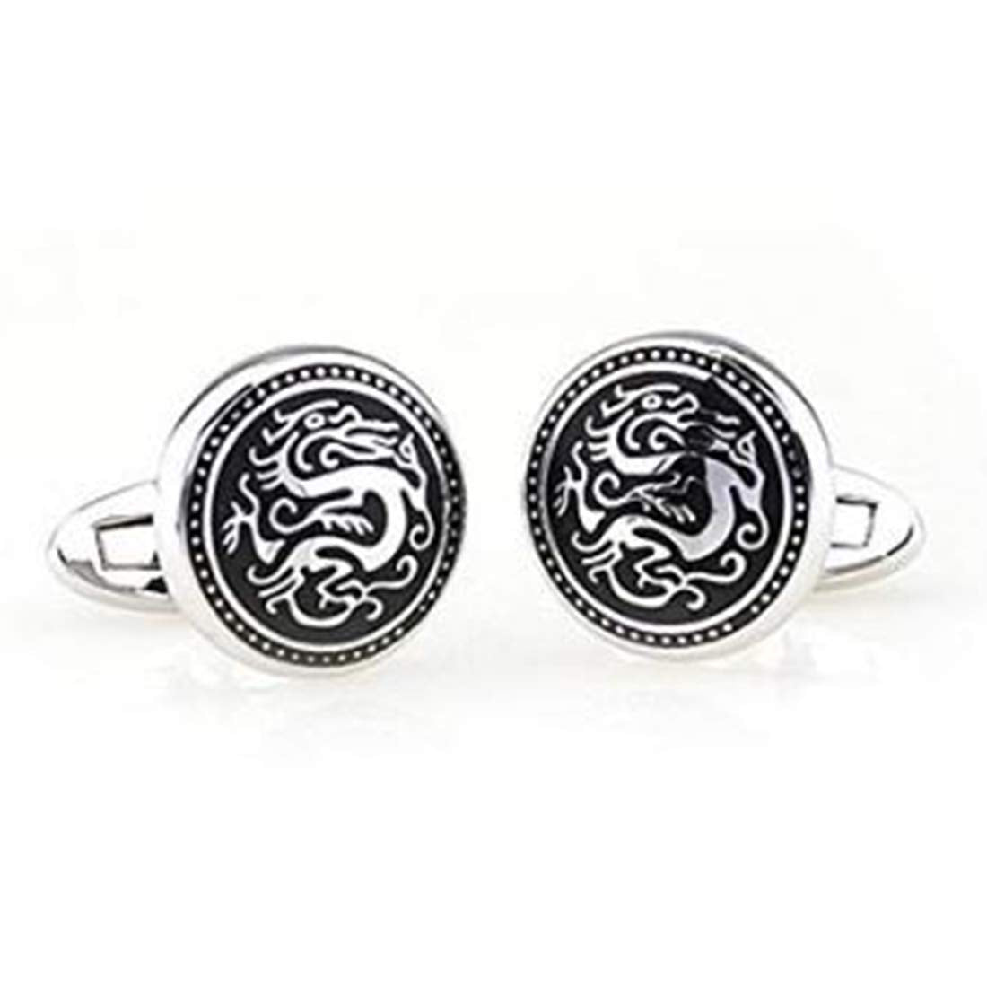 Peora Executive Silver Tone Black Enamel Game of Thrones Targaryen Intricate Dragon Round Classic Cufflinks for Men Business Corporate Wedding Gift