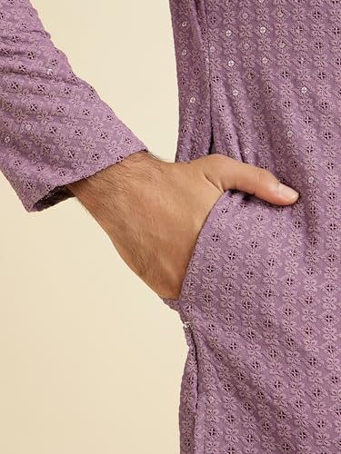 Manyavar Men's Viscose Chikankari Kurta Pyjama Set (Lilac,S)