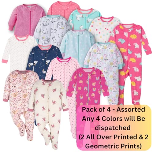 TuddyBuddy 100% Cotton Relaxed-Fit Multi Color Sleepsuit/Onesie/Romper with Zipper Closure (Baby Girl - Pack of 4 - Assorted, 0 Months-3 Months)