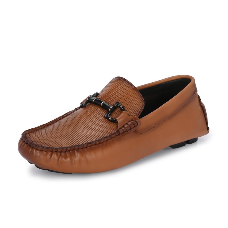HITZ Men's Tan Leather Casual Slip-On Loafers - UK 11