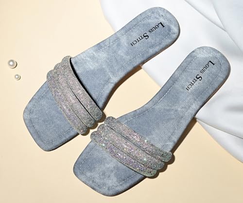 LOUIS STITCH Women’s Fashion Flat Slip-On Sandals | Open Toe Blue Shiny Strap Flat Slipper for Ladies | UK-6