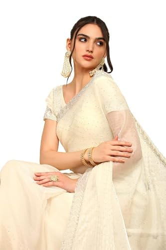 Soch Womens Cream-Coloured Stone Embellished Organza Saree