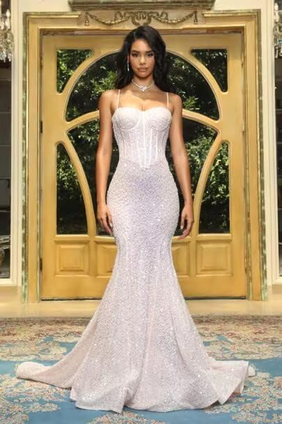 Zepumen Sparkly Sequin Prom Dresses for Women Mermaid Long Spaghetti Straps Formal Evening Party Gowns, Dusty Rose, 6