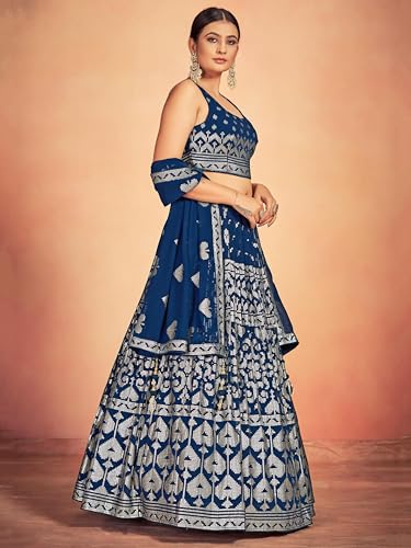 Zeel Clothing Women's Pure Georgette Semi-stitched Sequins Thread Embroidered Work Lehenga Choli With Dupatta (5117-Blue--Lehenga-Choli-New; Free Size)