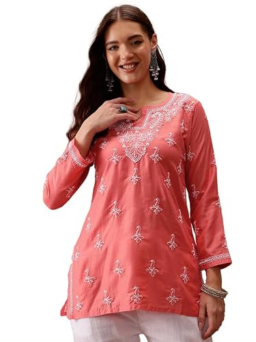 Ada Hand Embroidered Lucknowi Chikankari Muslin Short Kurti Top Tunic for Women A911435 Dark Peach (6XL)