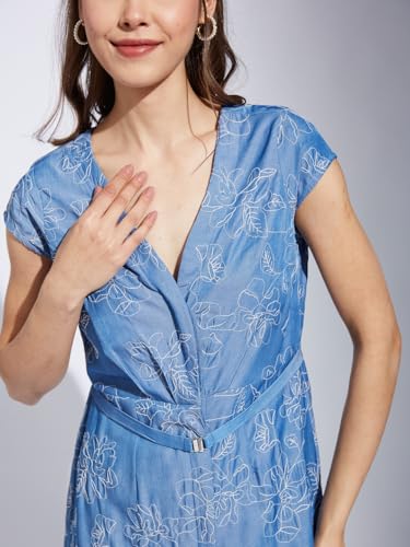 Latin Quarters Women Blue V-Neck Cap Sleeve Printed A-Line Dress_XL