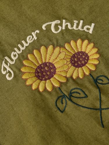 The Souled Store Cotton Linen: Flower Child Women and Girls Long Sleeves Collared Neck Button Front Green Embroidered Cotton Linen Boyfriend Shirts