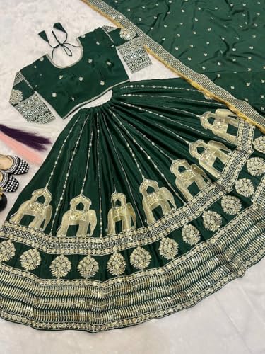 Artyfly Women Embroidered Chinon Silk Ethic Set with Dupatta Wedding and FestiveWear Traditional Outfit (Green)