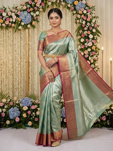 MIMOSA Women’s Rama Art Silk Saree Woven with Zari Tissue | Kanjivaram Style Saree | Rich Pallu & Tassels | 6.2 Mtrs