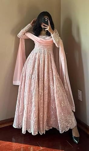 SIRIO CRAFT Women’s Peach Pink Embroidered Anarkali Gown with Dupatta Ethnic Dress for Wedding & Festive (in, Alpha, L, Regular, Woman, pich Pink)