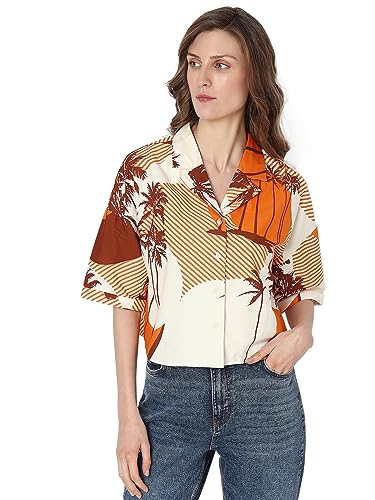 VERO MODA Women Tropical Cotton Regular Fit Orange Shirt