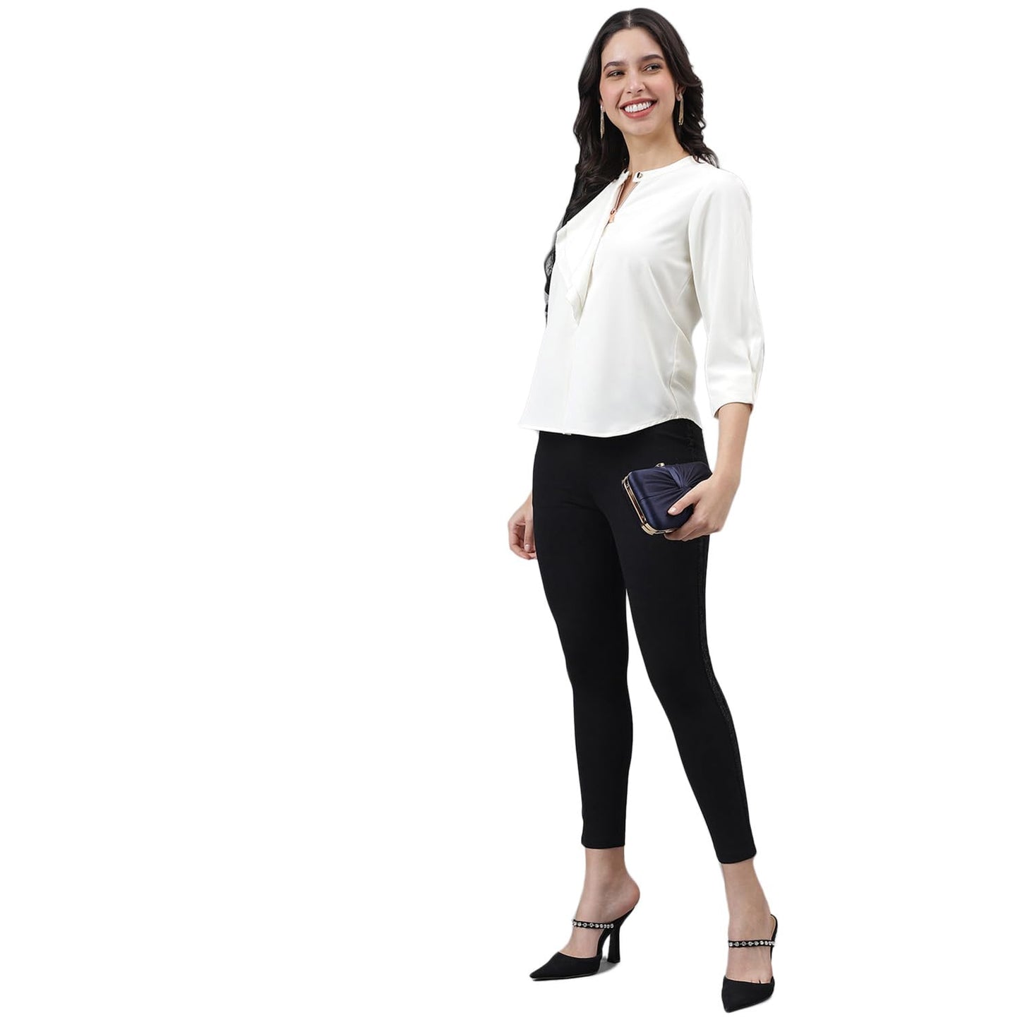 Latin Quarters Women Ivory 3/4 Sleeve Mandarin Collar Solid Top_XXL