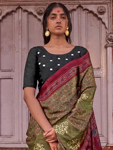 SAREE MALL Women's Olive Viscose Silk Ajrak Printed Saree With Unstitched Blouse (JOGAN102_HS)