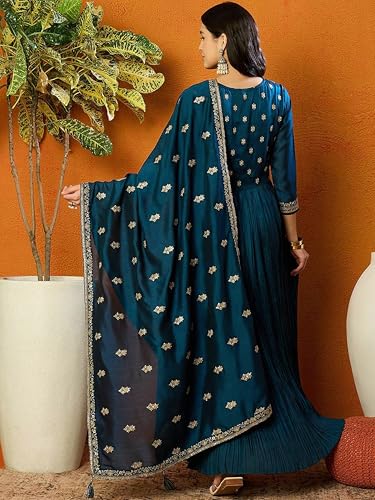 TRENDMALLS Women's Vichitra Silk Embroidery Salwar Suit Set Anarkali Kurta Set with Dupatta (G329-Morpeach-S)