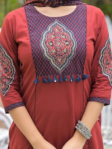Divena Maroon Cotton Round neck Yoke work kurta Pant Set With Dupatta