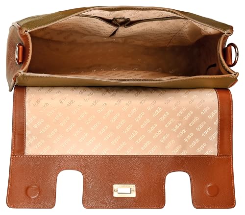 eske Noah Flap Handbag for Women Genuine Leather Satchel with Twist Lock Closure Dual Handles Detachable Sling Strap 1 Compartment Zipper and Slip Pockets Office Purse (Taupe Cognac)