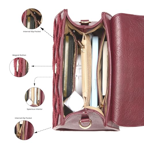 Caprese Athena Small Chenille Embroidery Faux Leather Satchel for Women | Elegant Multi-Compartment Shoulder Handbag with Adjustable & Detachable Strap | Premium Magnetic Button Closure (Cherry)