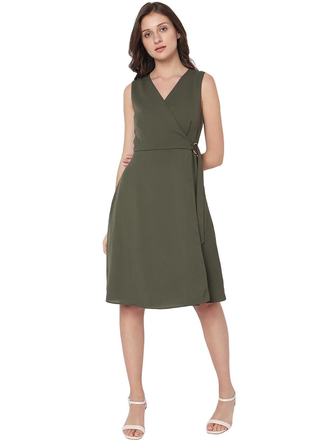 Vero Moda Women's Polyester A-Line Knee-Length Dress (10299655-Pale Olive Green_Pale M)