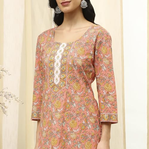 BIBA Women Peach Cotton Screen Print Unstitched Suit Set_FREE SIZE