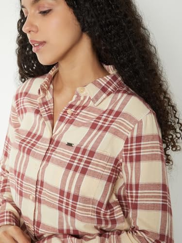 Max Women Checked Oversized Shirt(Beige_L)