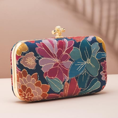 Artklim Blue Pink Floral Printed Fabric Clutch Bag for Women – Stylish Clutch Purse | Hand Clutches for Women | Bridal Clutches for Wedding Latest