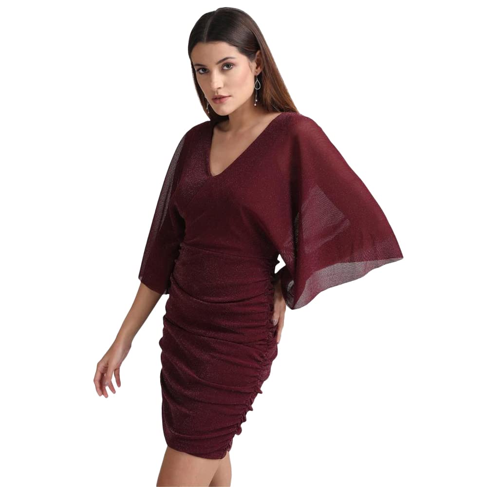 Kazo Solid Polyester Blend V Neck Women's Mini Dress (Purple,Small)