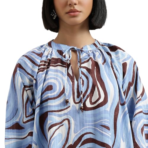 United Colors of Benetton Regular Fit Mandarin Collar Printed Dress (Size : L) - 26P4WVNDR329I902 Blue