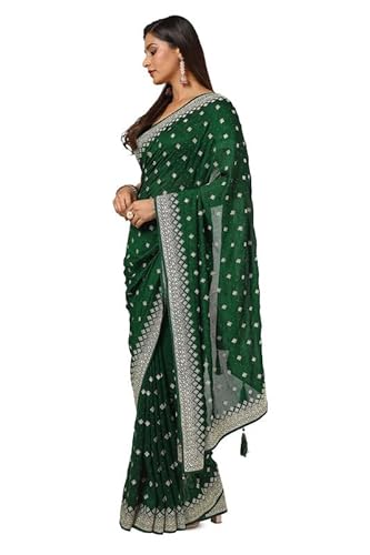 Soch Womens Green Tussar Embroidered Saree With Stone Work
