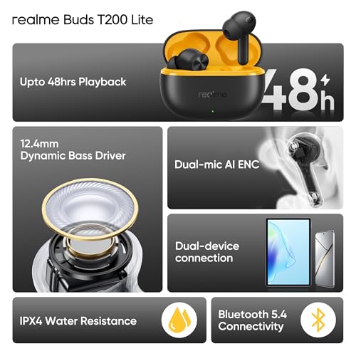 realme Buds T200 Lite Bluetooth in Ear Earbuds,4 Mic, AI ENC for Calls,48 Hours Total Playback with Fast Charging and Low Latency Gaming TWS,Google Fast Pair, with mic (Volt Black)