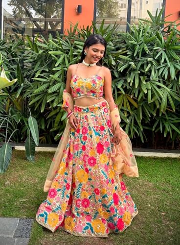 AG Clothing Women's Georgette Semi Stitched Lehenga Choli With Dupatta | Thread And Sequin Embroidery Pattern | Traditional, Wedding, Ethnic Wear Lehenga (AD-324ind-Beige)