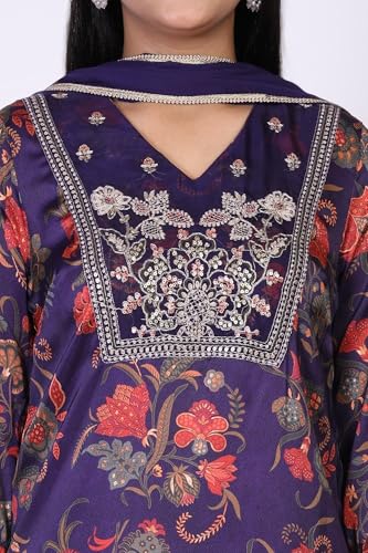 W for Woman Purple Floral Printed Japanese Satin Straight Kurta with Straight Pant and Dupatta Set (WS13280-126644-M)