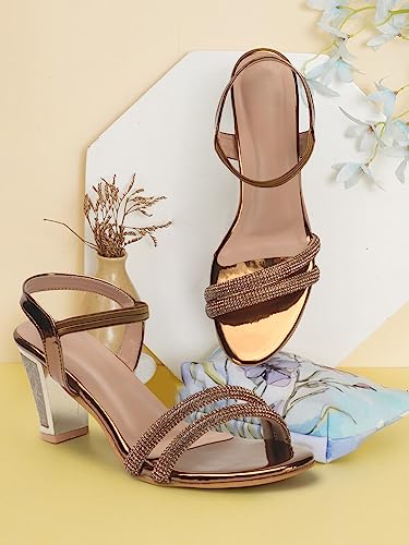 XE Looks Stylish Copper Women's Fashion Sandals | Faux Leather Comfortable and Trendy Slip On Heel | For Wedding Occasion 3 Inches Heel | For Women & Girls