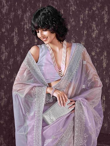 Womanista Women's Net Sequinned Saree (TI6563_Lavender)