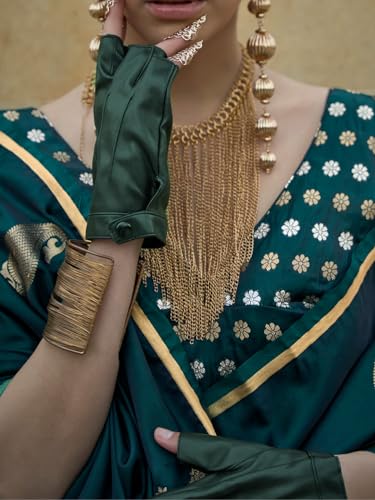 AKHILAM Women's Green Satin Silk Woven Design Saree with Unstitched Blouse Piece (KNTKLS382006_RJ)