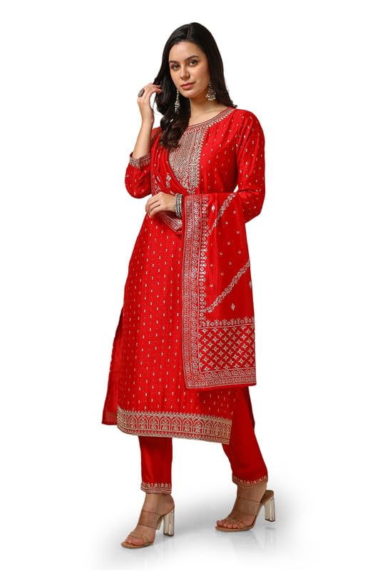 Soch Womens Red Foil Print Suit Set With Thread Work