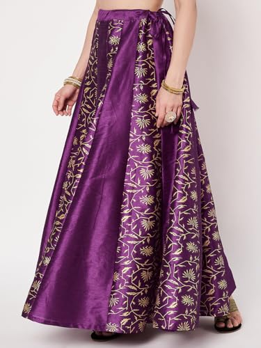 studio rasa Women's Dupion Block Printed Kalidaar Skirt for Wedding Festive Party(SKTC62509S_Purple_Small)
