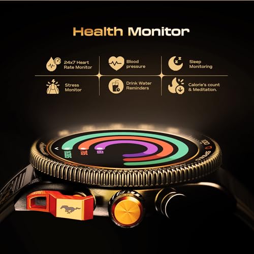 GOBOULT Newly Launched Mustang Stallion Smart Watch 1.43'' AMOLED Display, Rotating Bezel, BT Calling, 200+Watchfaces, 700 Nits Brightness, AI Voice Assistant, SpO2 Monitoring (Turbo Orange
