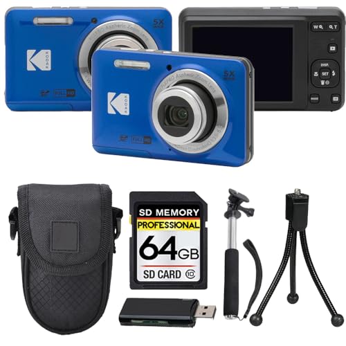 Kodak PIXPRO FZ55 Digital Camera, 16MP Compact Point & Shoot, 5X Optical Zoom, 28mm Wide Angle Lens, 1080P HD Video, Blue + 64GB SD Card, Case, Selfie Stick, Mini Tripod & USB Card Reader