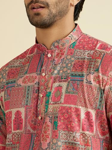 Manyavar Men's Cotton Blend Printed Kurta Pyjama Set (Coral,XXXL)